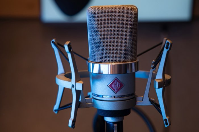 Close-up of a Neumann TLM 102 microphone in the voiceover booth.